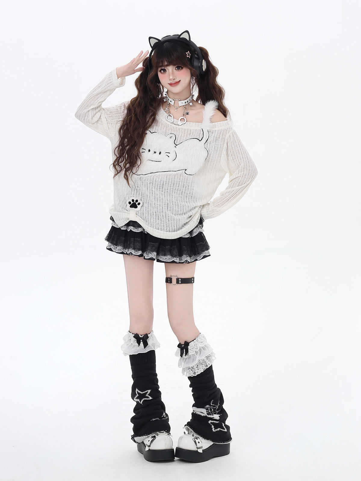 Crazy Girl Sweet White Cat Sheer Sweater Top - Sugarplum Store