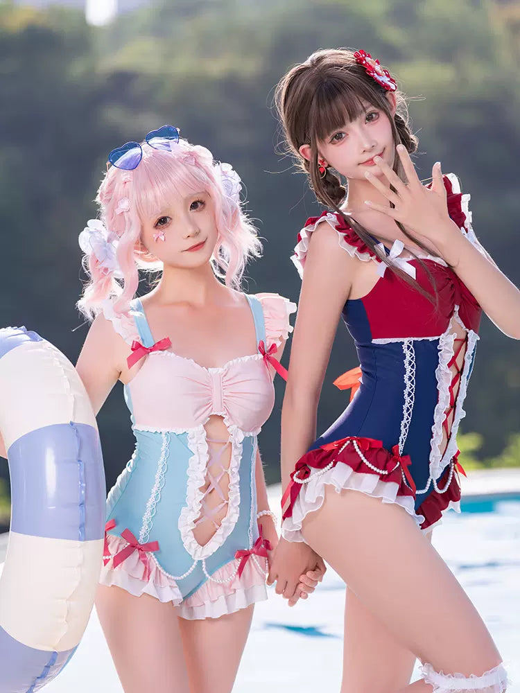 Cross Galaxy Lolita Princess Holiday Red & Pink One Piece Swimsuit - Sugarplum Store