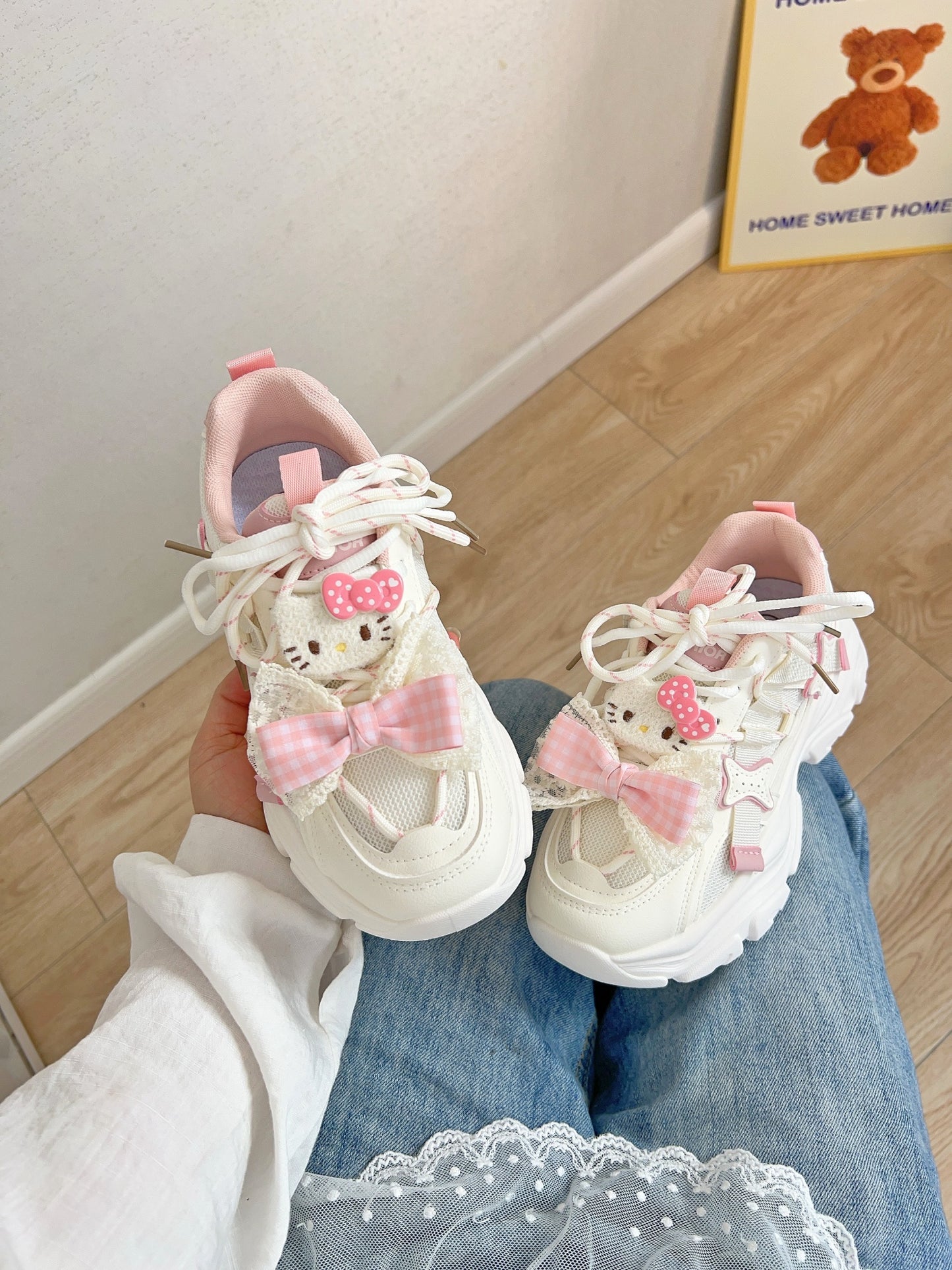 Pink Kitty Organza Bow White Sneakers - Sugarplum Store