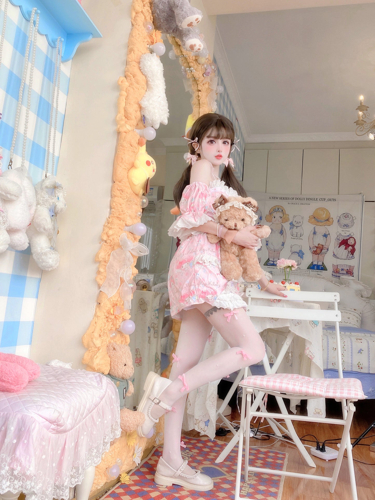 Candy Fairy Pink Melody Cartoon Camisole Puff Sleeve Top & Skirt Pajamas Two Piece Set - Sugarplum Store