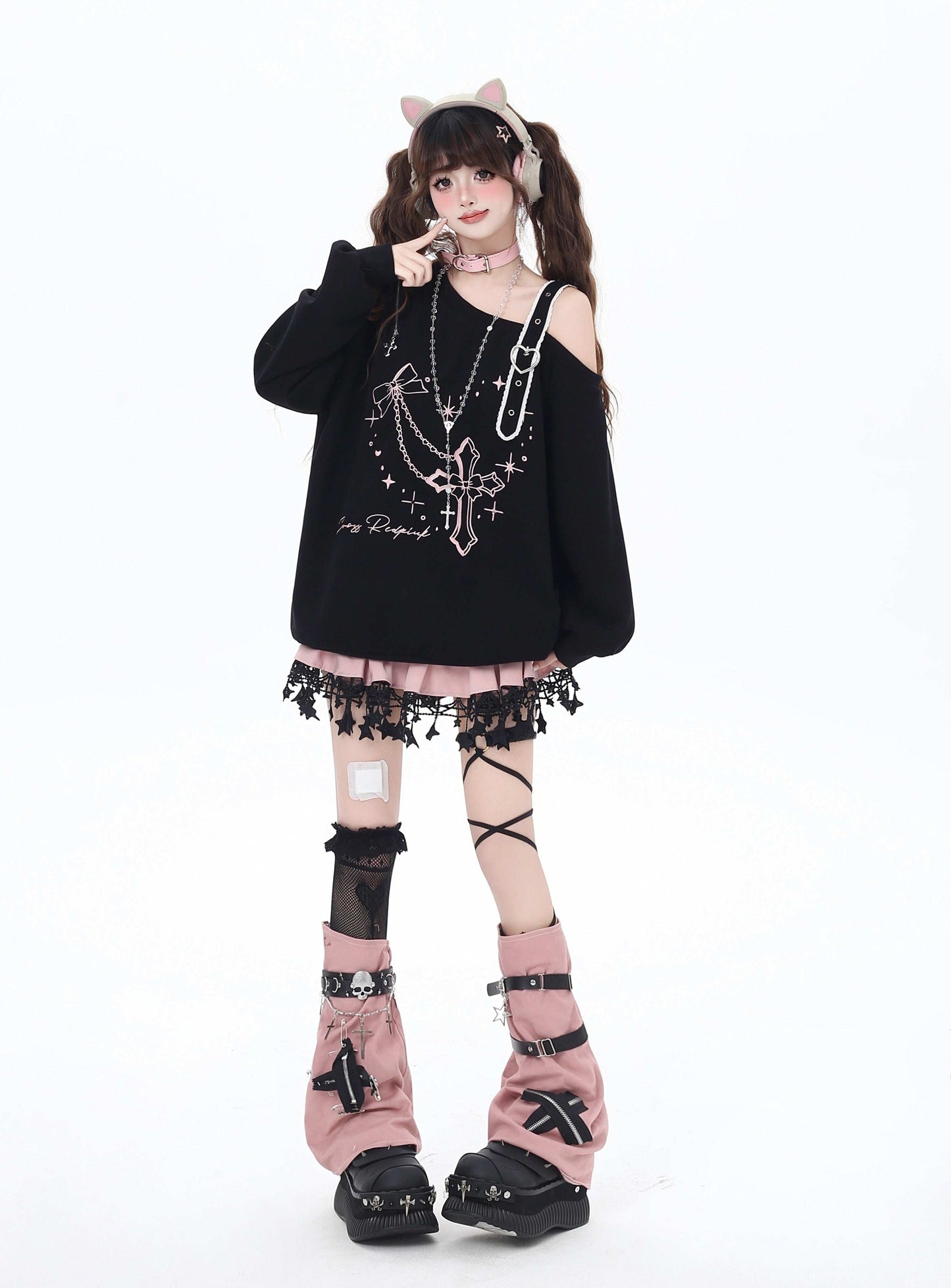 Crazy Girl Angel Cross Pink Black Off Shoulder Sweater Top