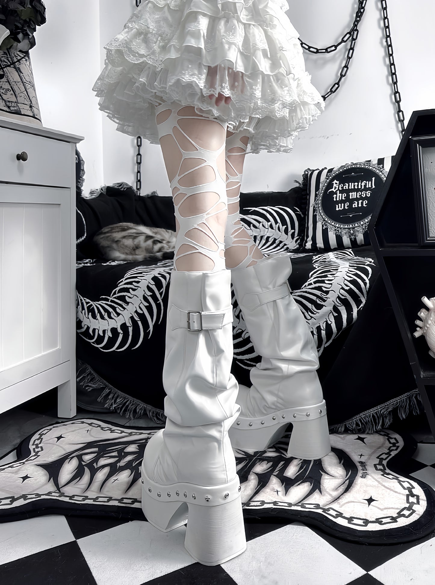 Pocket Cat Gothic Goth Girl Honeysuckle Black & White Chunky Knee High Boots - Sugarplum Store