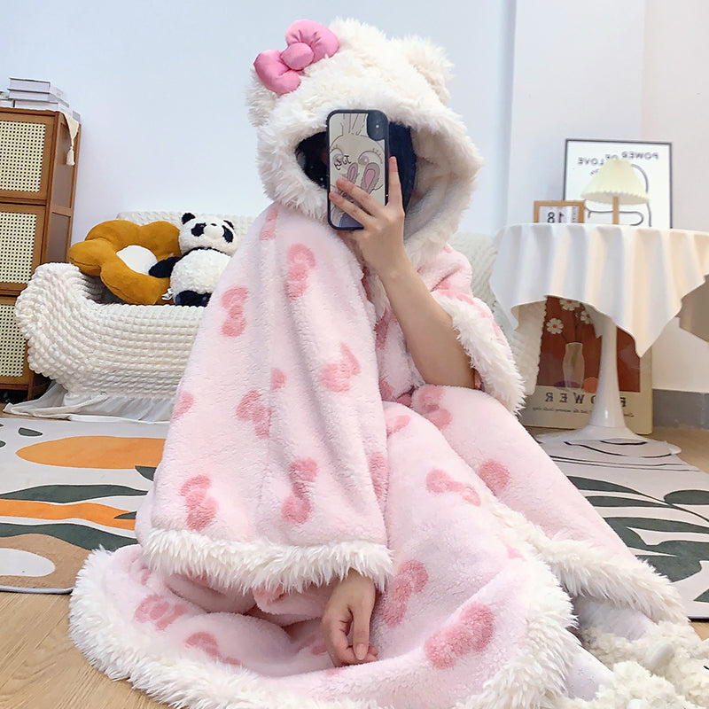 Kawaii Kitty Bow White Pink Winter Pajamas Hooded Bathrobe & Pants Two Piece - Sugarplum Store