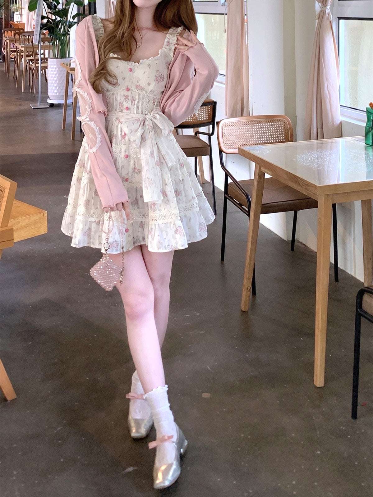 Acacia Glass Garden Floral White Dress & Pink Cardigan Two Piece Set