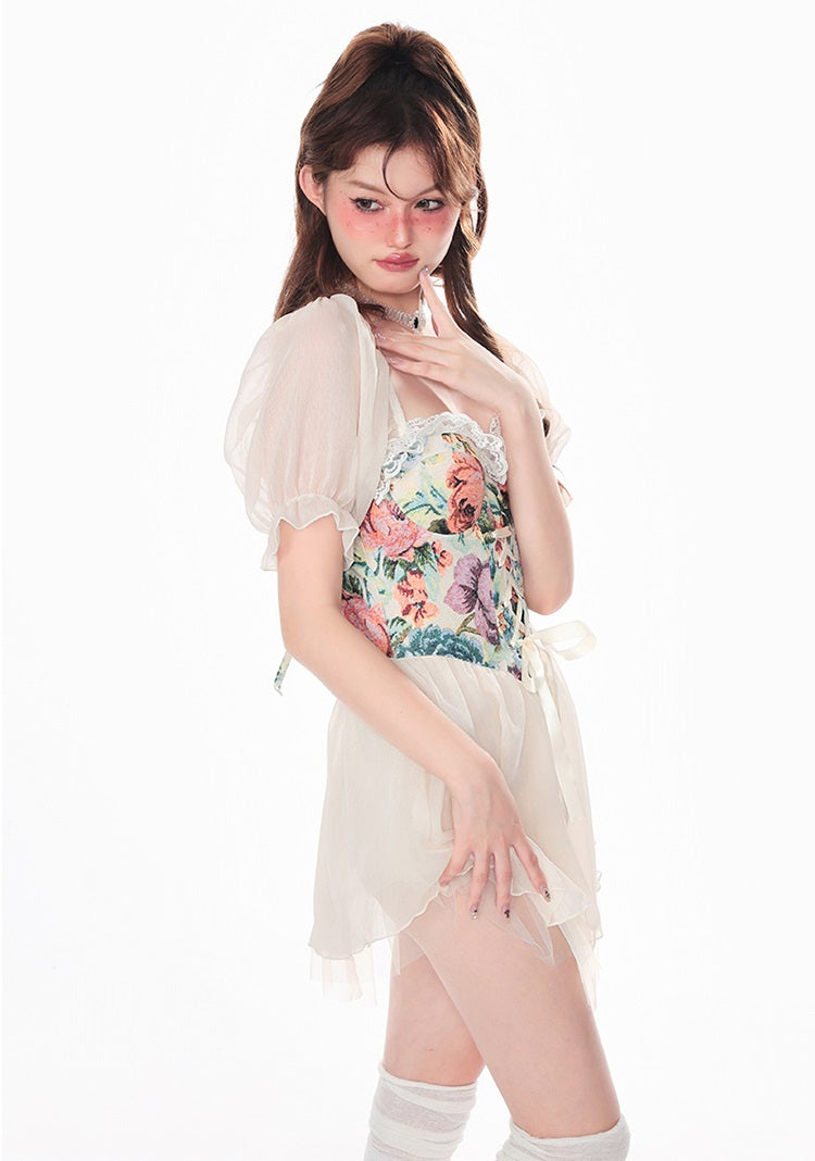 Plus Size Roca Retro Floral One Piece Puff Sleeve Swimsuit - Sugarplum Store