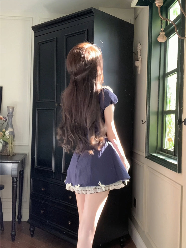 Creamy Cute Passion Pink Navy Blue Puff Sleeve Dress - Sugarplum Store