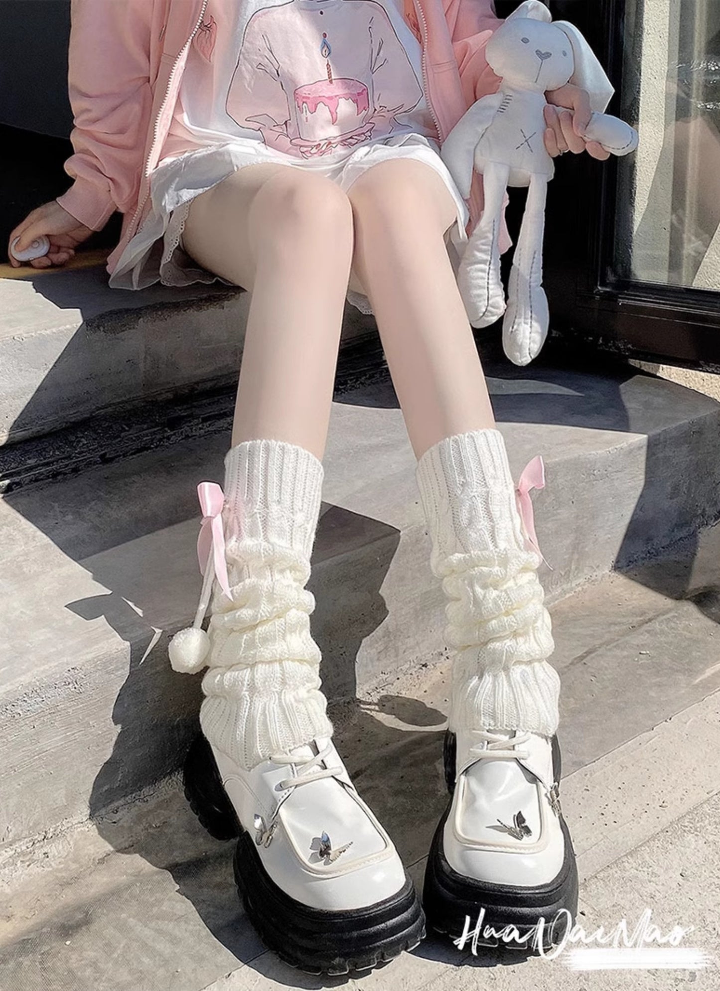 Knit Bow Mini Pompom Balls White Black Pink Blue Leg Warmers - Sugarplum Store