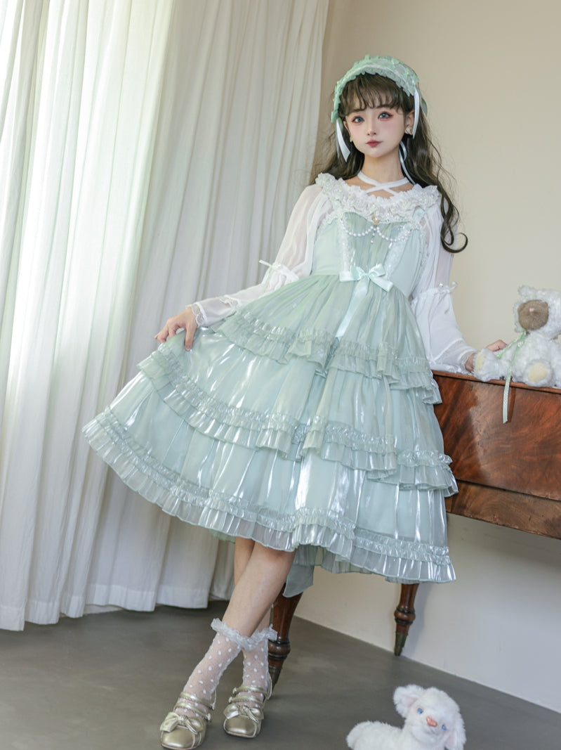 Love Song of the Star Lace Bow Ribbon Ruffled Layered Princess Dress - Sugarplum Store