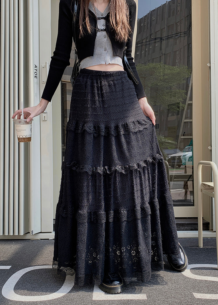 Spring White Black Flower Lace Layered Long Cake Gathered Skirt - Sugarplum Store