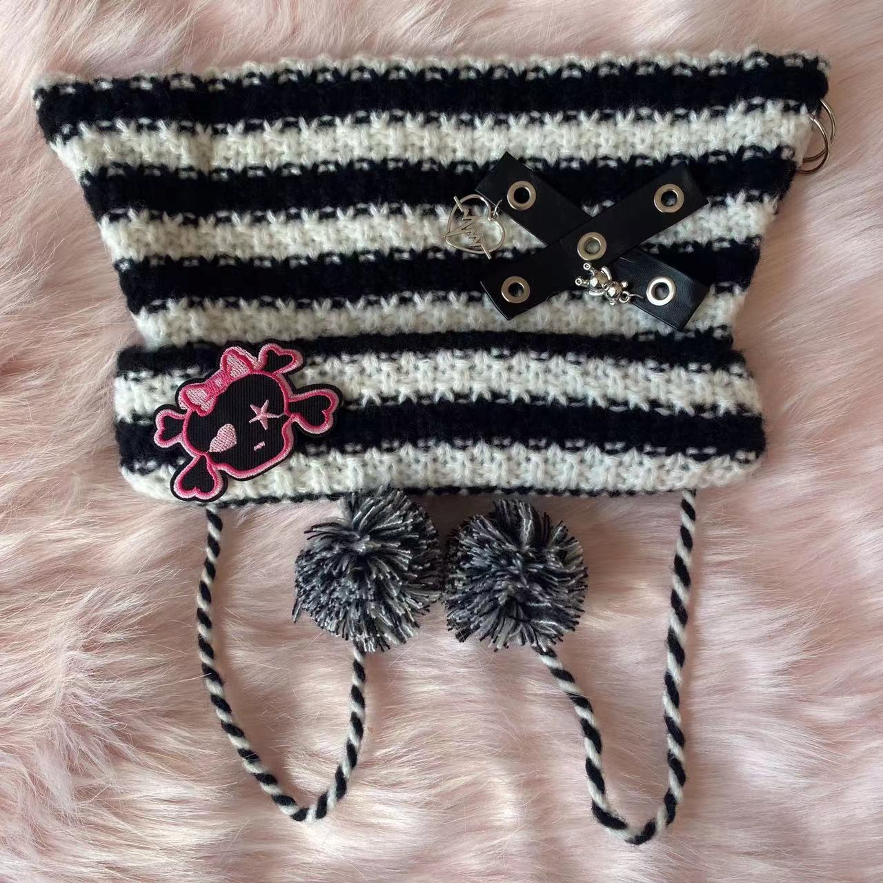 Y2K Handmade Knit Cross Skull Striped Cute Winter Hats Beanie - Sugarplum Store