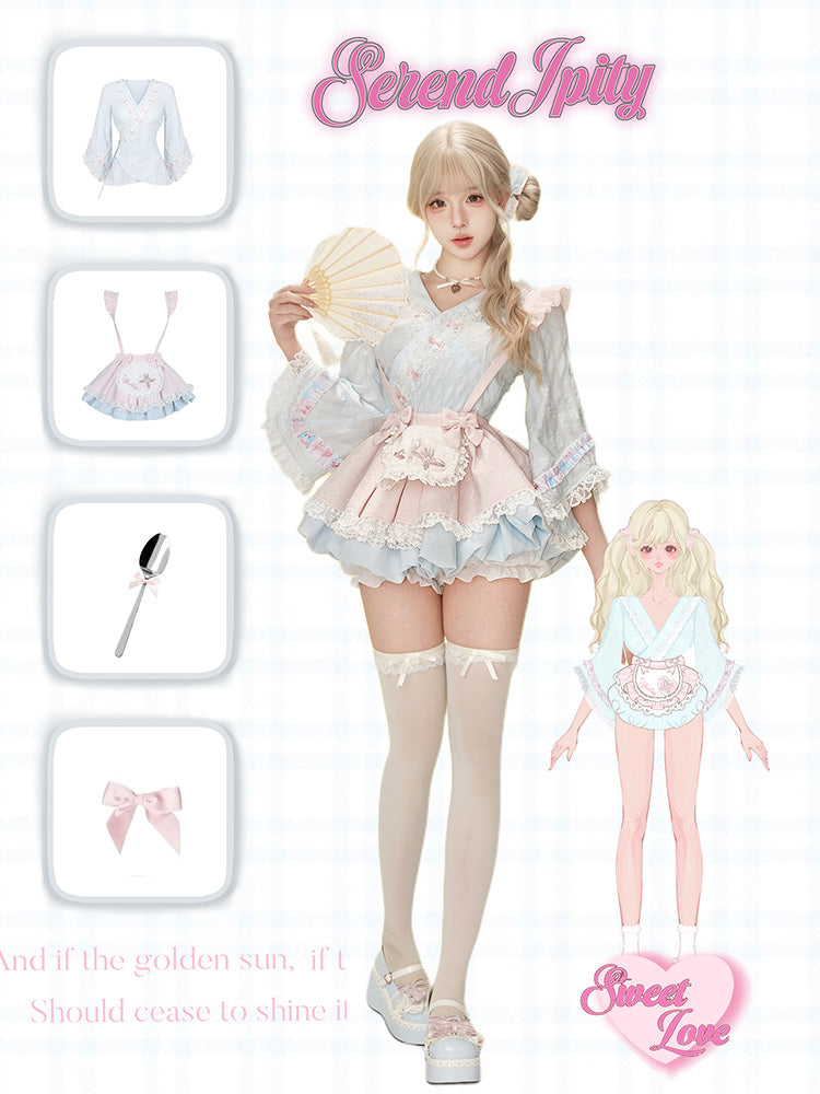 Serendipity Dessert Series Blue Cherry Kimono Top & Skirt Two Piece Set - Sugarplum Store