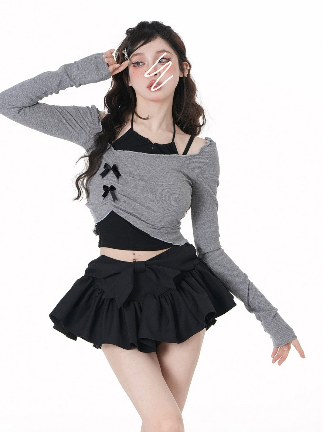Young Eyes Gray Shirt & Black Halter Neck Tank Top & Black Ruffled Skirt Three Piece Set - Sugarplum Store