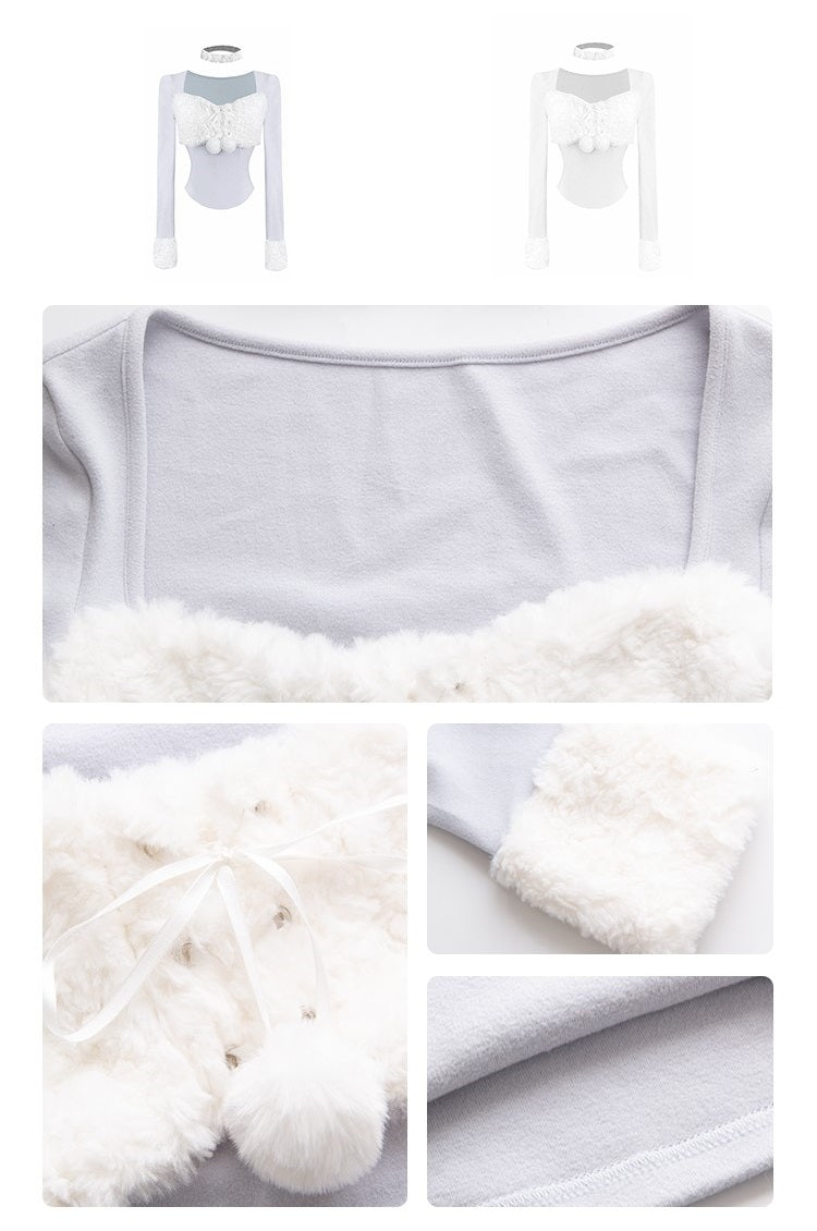 Kiki Sweet Winter Blue & White Plush Pompom Balls Sweater Top - Sugarplum Store