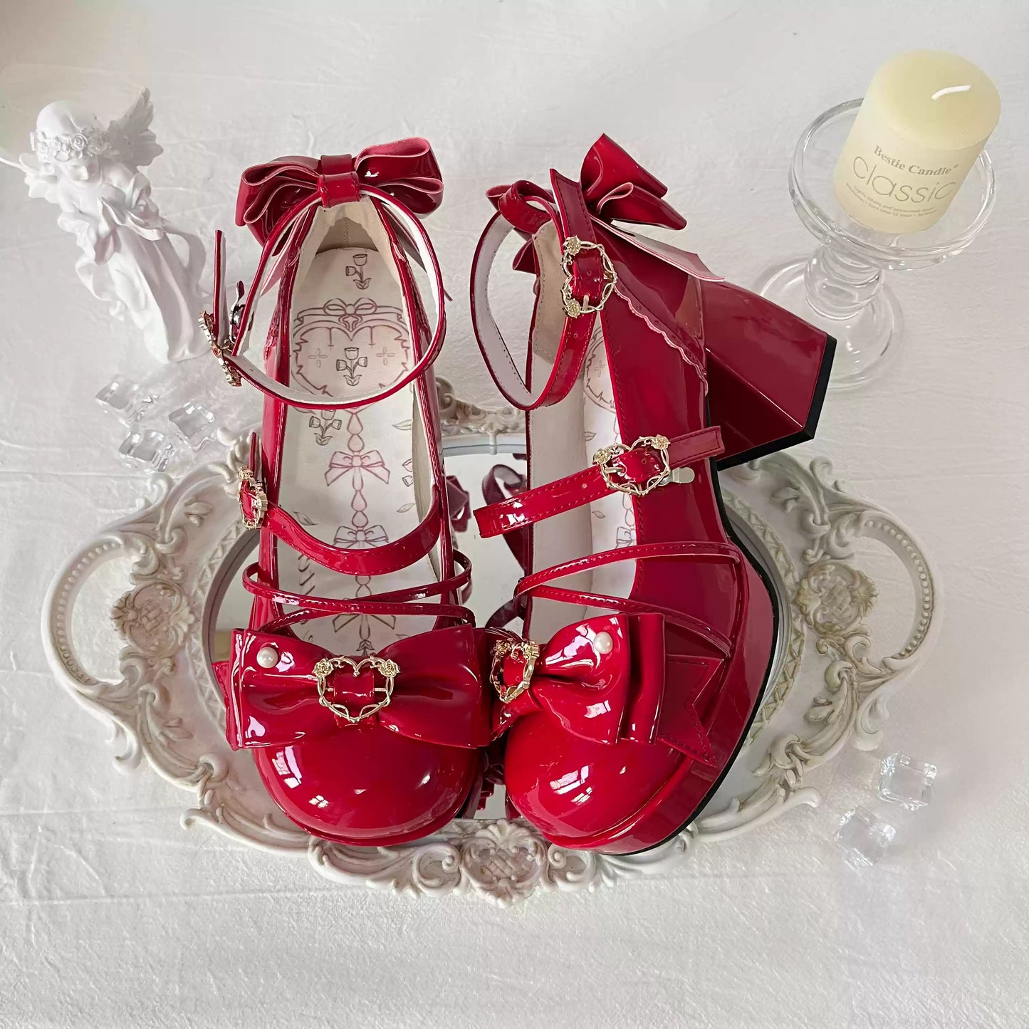 Love Letter Rose Heart Knot Lolita Black White Pink Blue Red High Heels Shoes - Sugarplum Store