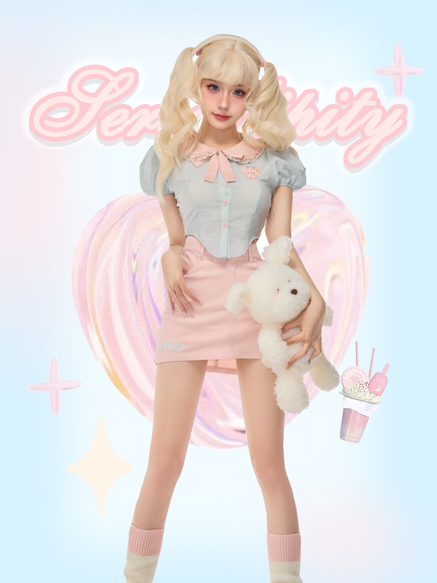 Serendipity Cute Teddy Bear Embroidery Blue Puff Sleeve Shirt & Pink Skirt Two Piece Set - Sugarplum Store