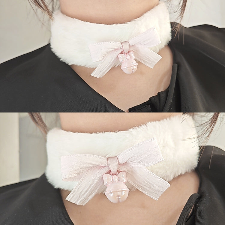 Candy Fairy White Plush Pink Bow Cat Neko Bell Collar Choker - Sugarplum Store
