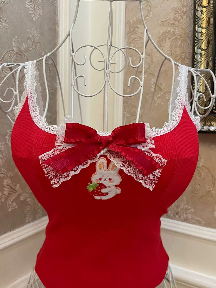 Sweetheart Princess Red Strawberry Rabbit Camisole Top - Sugarplum Store