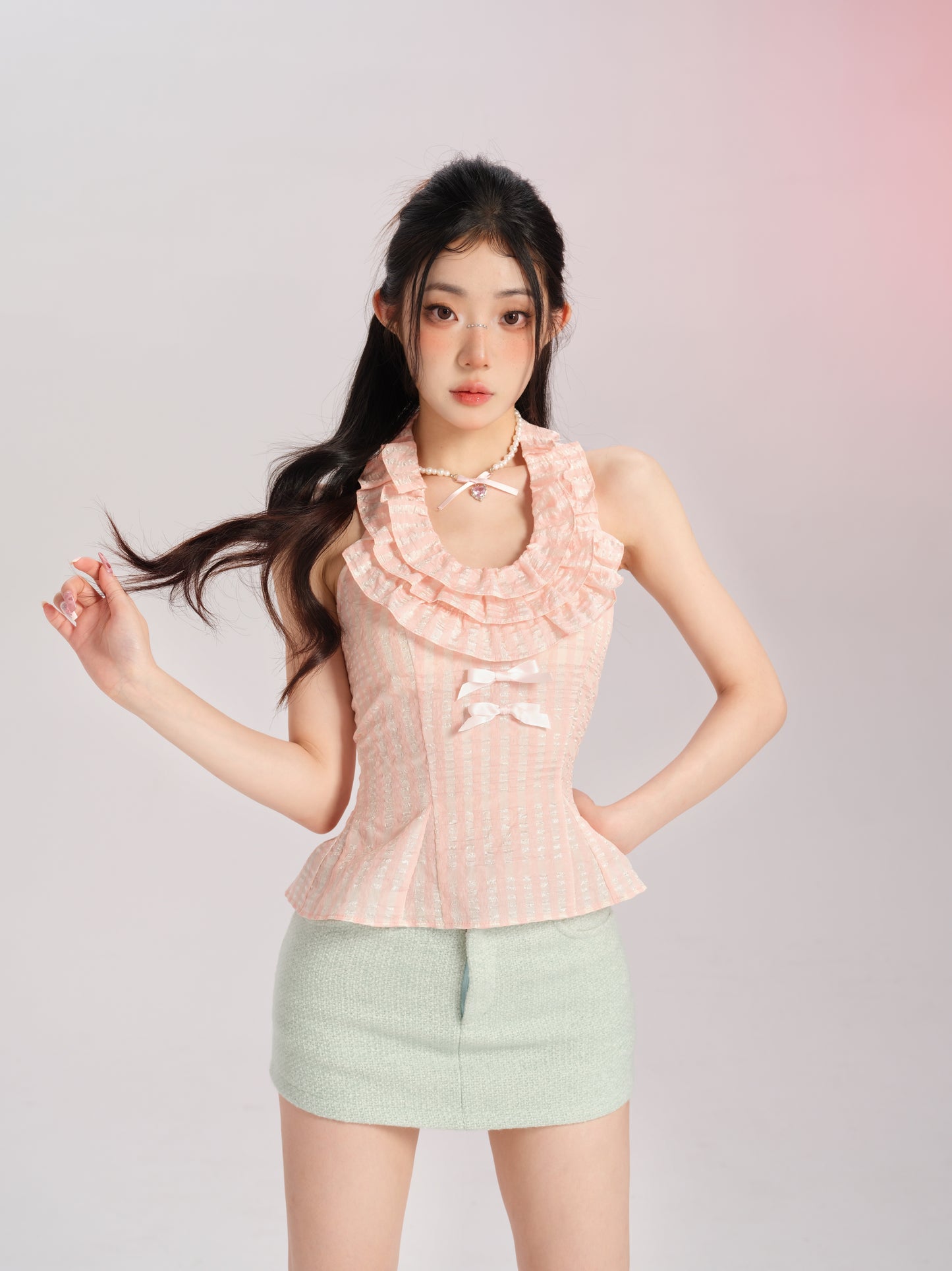 Lucia Classic Coquette Elegant Chic Ruffled Pink Camisole Green Short Jacket Skirt Three Piece Set - Sugarplum Store
