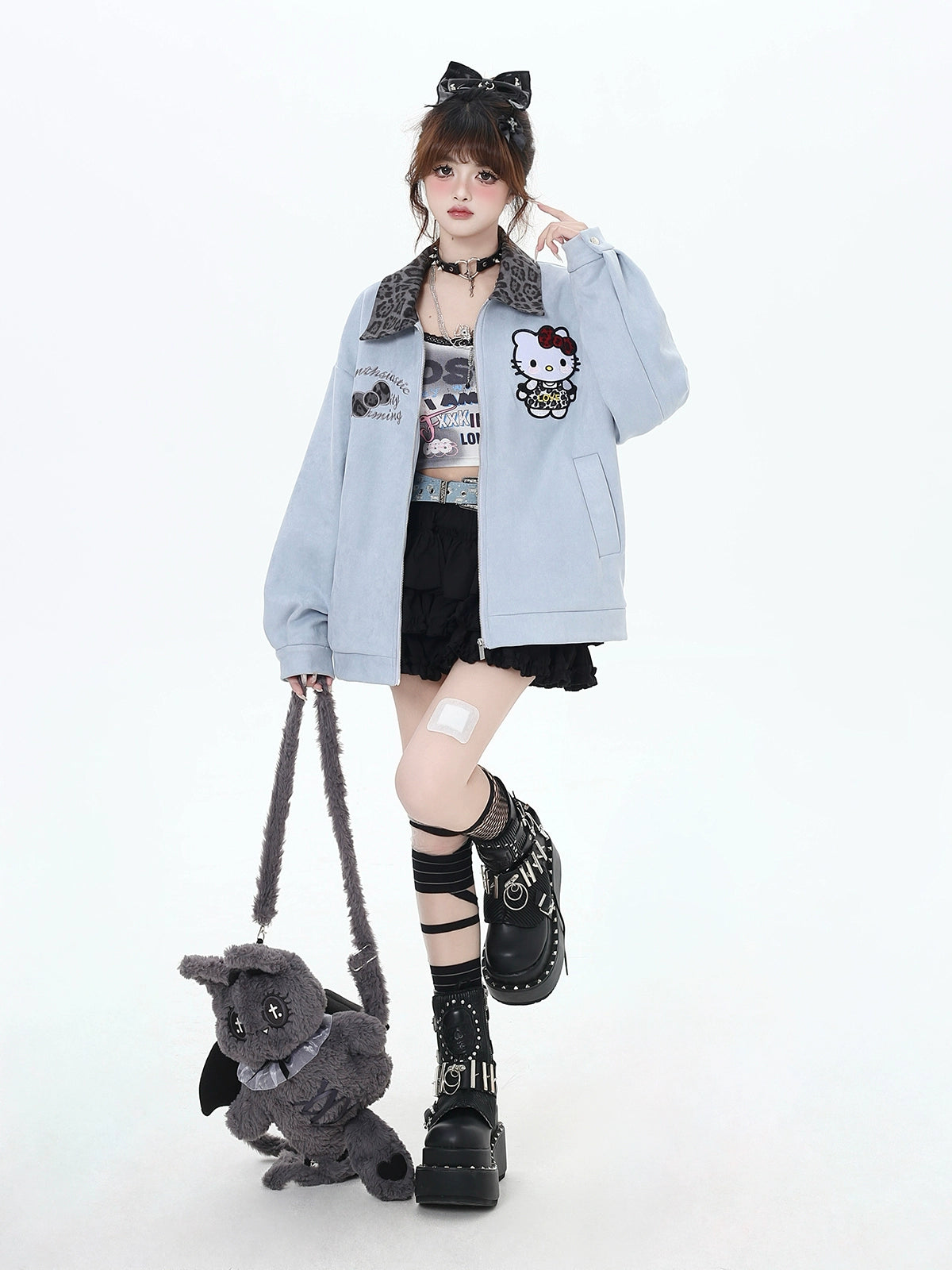 Crazy Girl Leopard Collar Pink Blue Kitty Baseball Jacket - Sugarplum Store