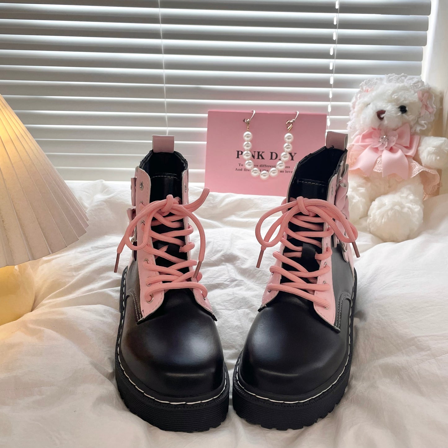 Pink Bows Black Platform Combat Boots - Sugarplum Store
