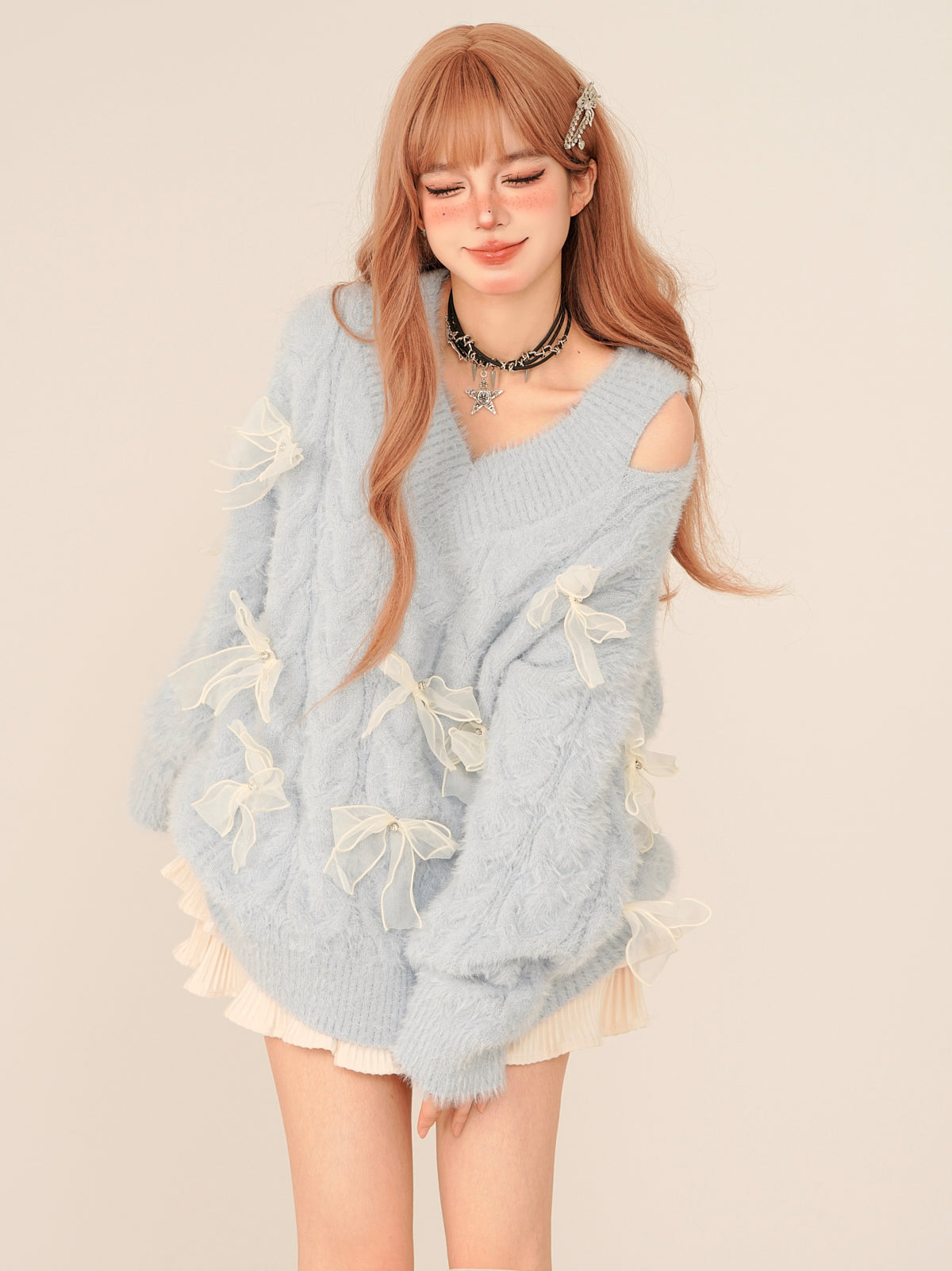 Young Eyes Coquette Bow Fuzzy Knit Red Black Blue V Neck Sweater - Sugarplum Store