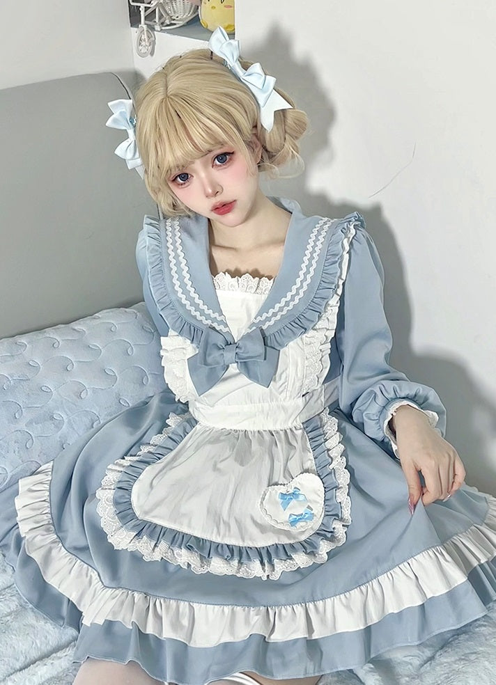 Lolita Cosplay Blue & Pink Lace Ruffled Apron Maid Dress - Sugarplum Store