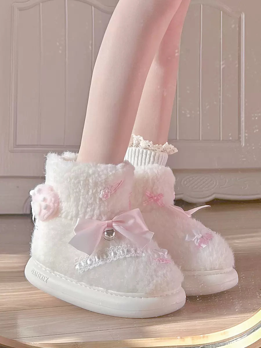 Pinky Cute Winter Plush Pink Bow Baby Lace White Snow Boots Shoes - Sugarplum Store