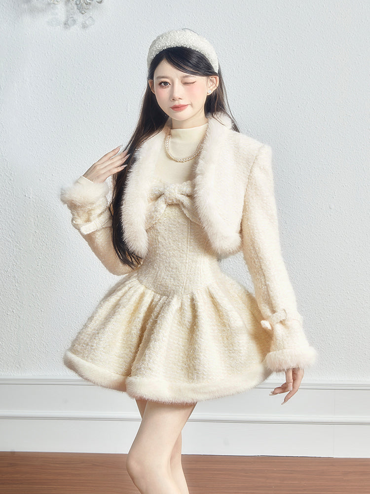 Monet Winter Angel Plush Tweed Jacket & White Beige Dress Two Piece Se Sugarplum Store Monet Winter Angel Plush Tweed Jacket & White Beige Dress Two Piece Se Sugarplum Store