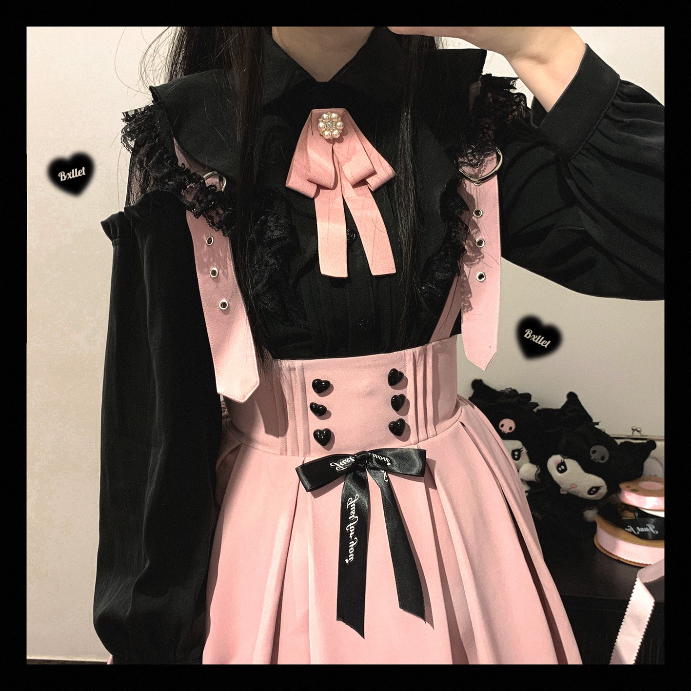 Kitten Bullet Jirai Kei Sweet Lace Ruffled Hollow Off Shoulder Pink Black White Shirt Blouse - Sugarplum Store