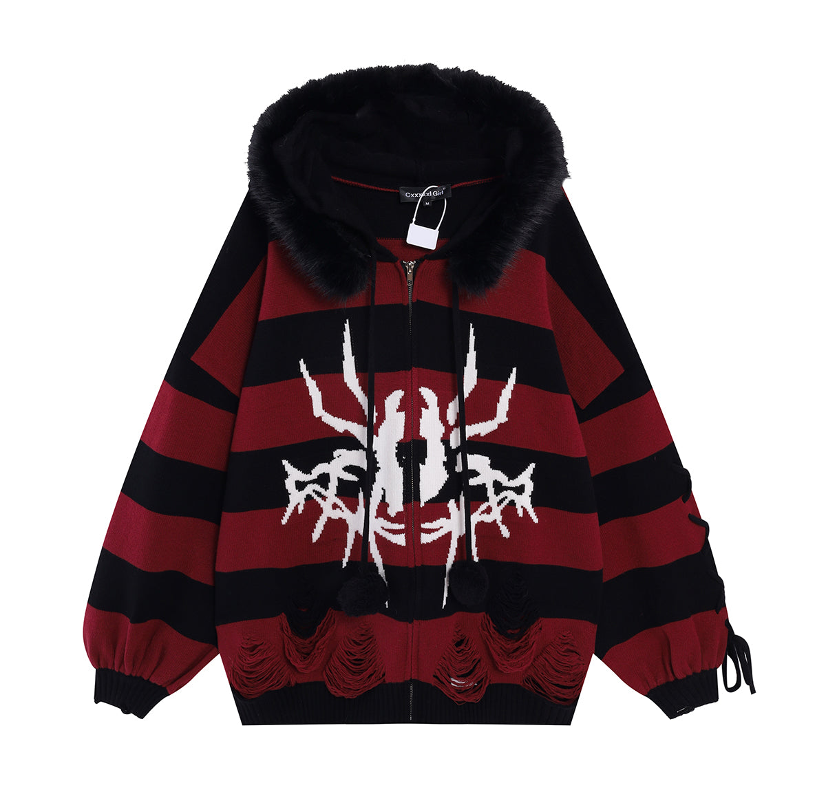 Crazy Girl Spider Punk Striped Gray Black White Purple Red Fur Jacket Hoodie - Sugarplum Store