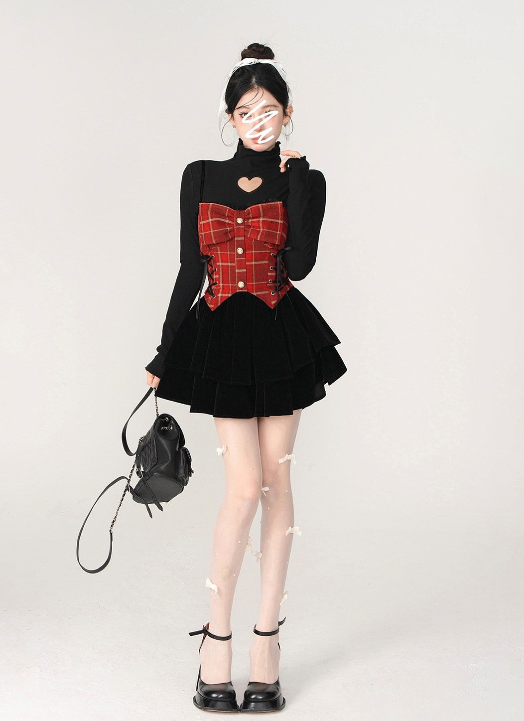 Young Eyes Winter Black Hollow Heart Shirt & Red Plaid Velvet Strap Dress Two Piece Set - Sugarplum Store