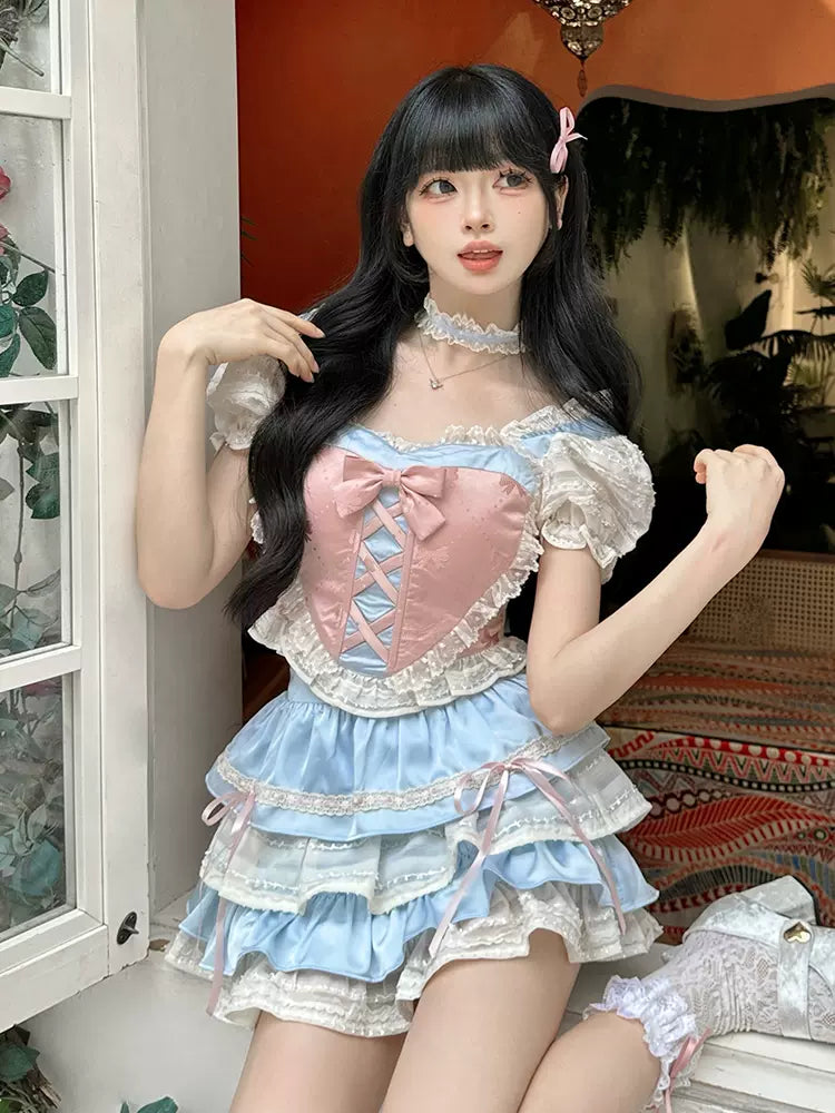 Ice Berry Pink Blue Top & Skirt Two Piece Set - Sugarplum Store