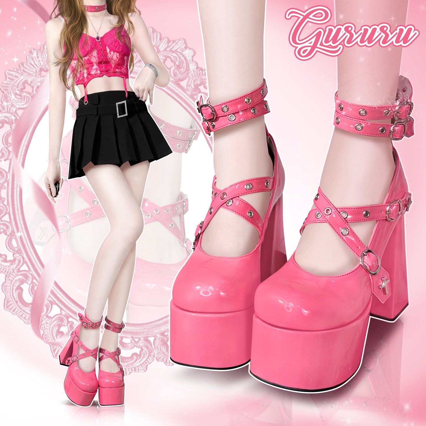 Hot Pink x Black High School Girl Straps High Heels Shoes - Sugarplum Store