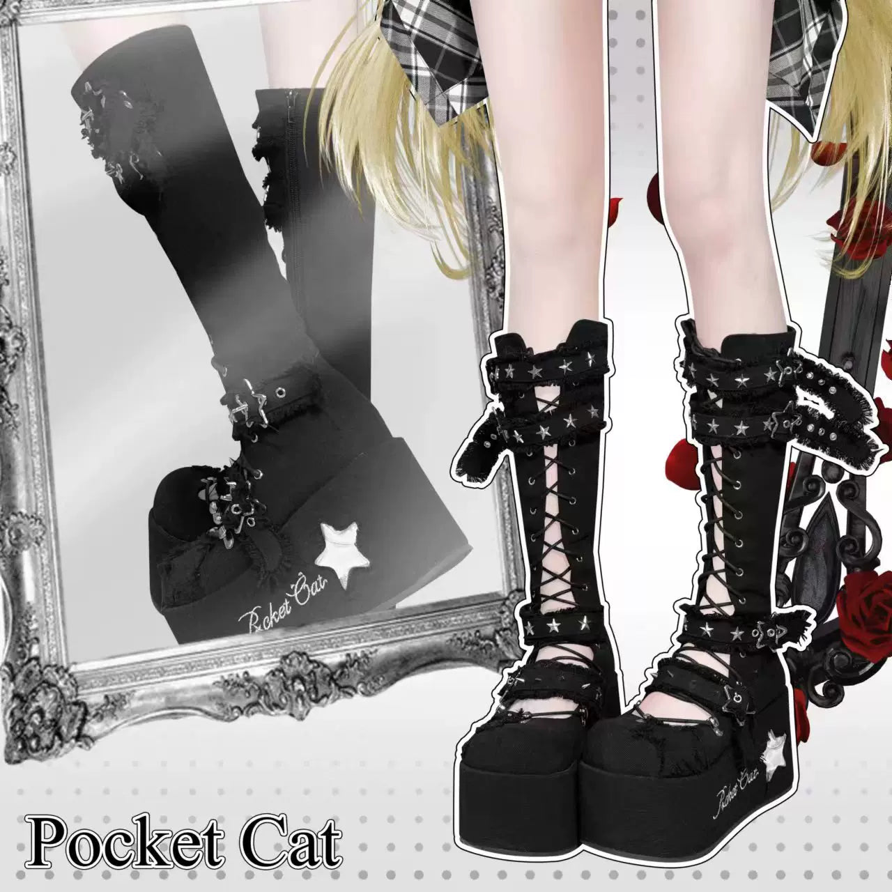 Pocket Cat Star Mark Black & White Chucky Knee High Boots - Sugarplum Store