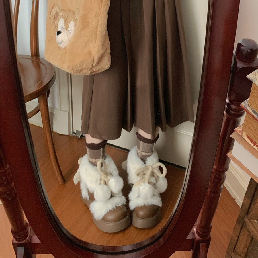 Puffy Sheep Lolita Fluffy Cupid Cute Pompom Balls Winter Fur Velvet Cotton Shoes Snow Boots - Sugarplum Store