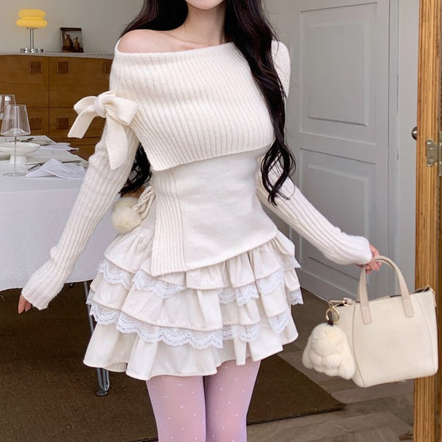 Acacia Knit Sweater & Ruffled Lace White Mini Skirt Two Piece Set - Sugarplum Store