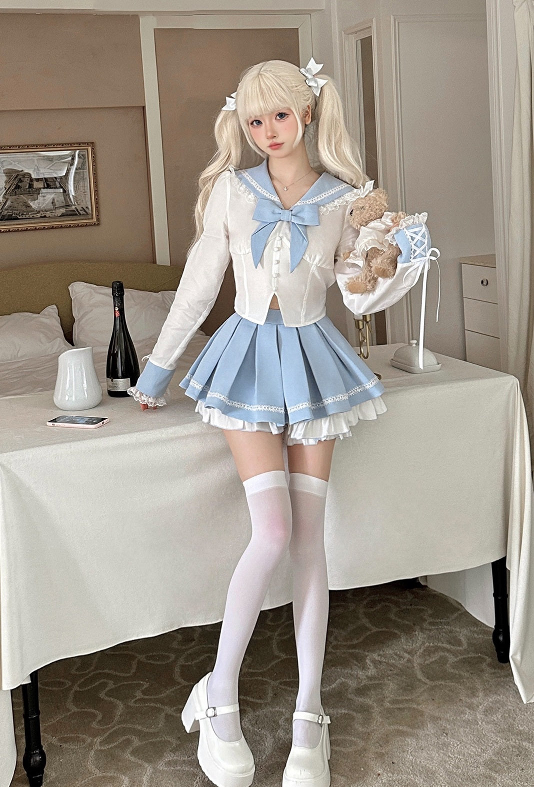 Seifuku Sailor School Uniform Pastel Blue White Blouse Shirt & Skirt Two Piece Set - Sugarplum Store