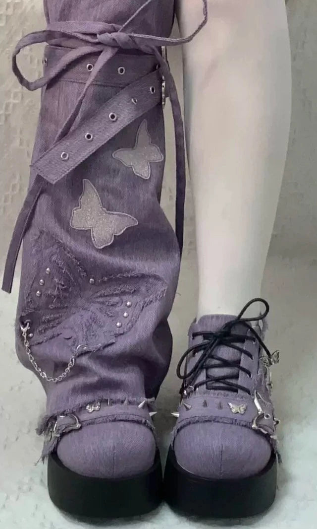 Pocket Cat Butterfly Dream Black White Pink Cyan Purple Leg Warmers - Sugarplum Store