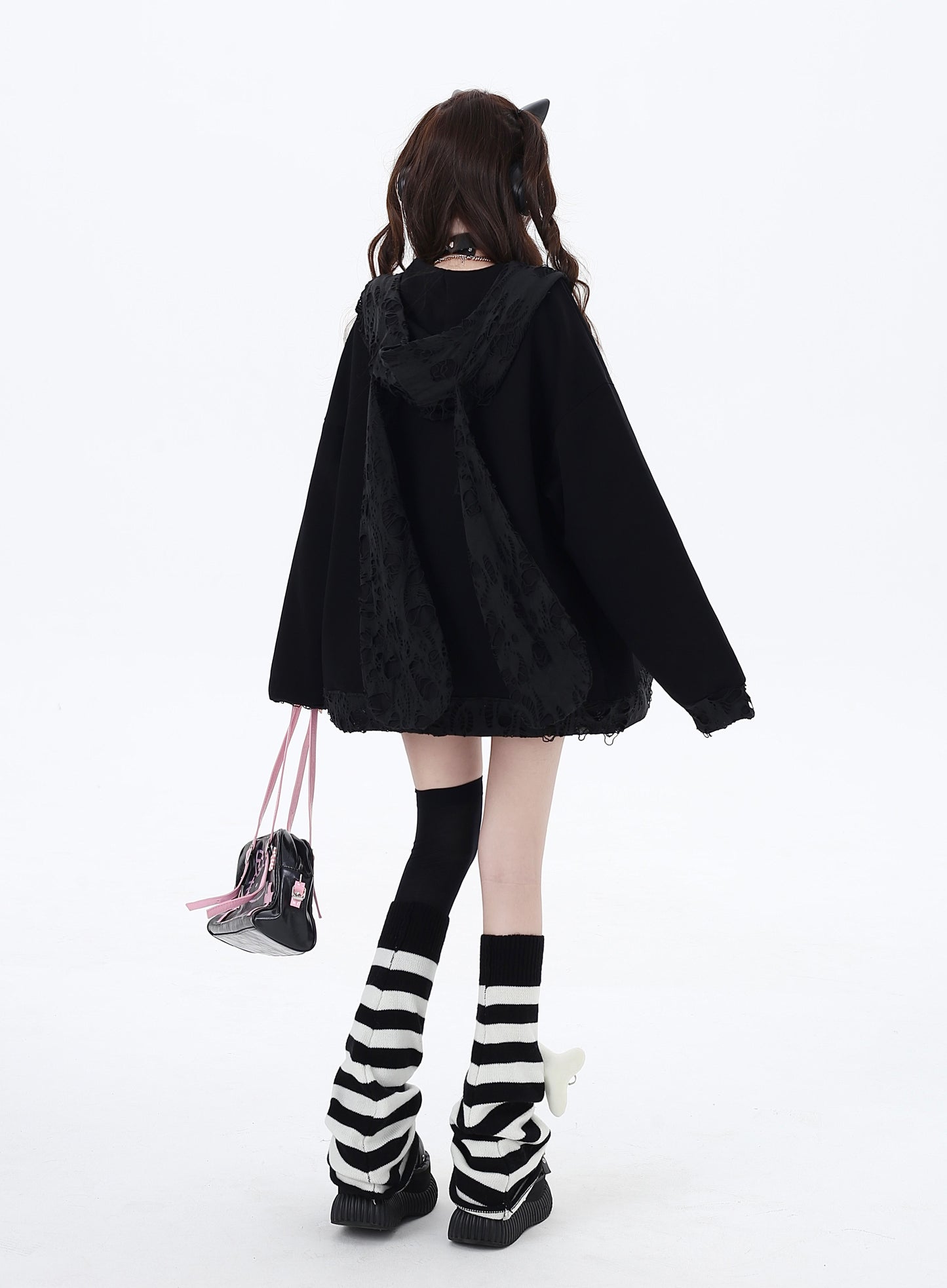 Crazy Girl Sad Anime Girl Black White Rabbit Ears Jacket Hoodie - Sugarplum Store
