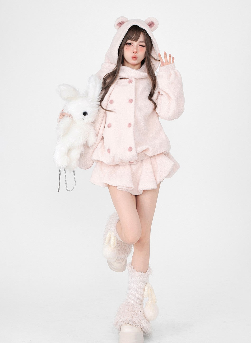 Young Eyes Winter White Soft Pink Plush Fleece Bear Hooded Scarf Jacket & Skirt Two Piece Set - Sugarplum Store