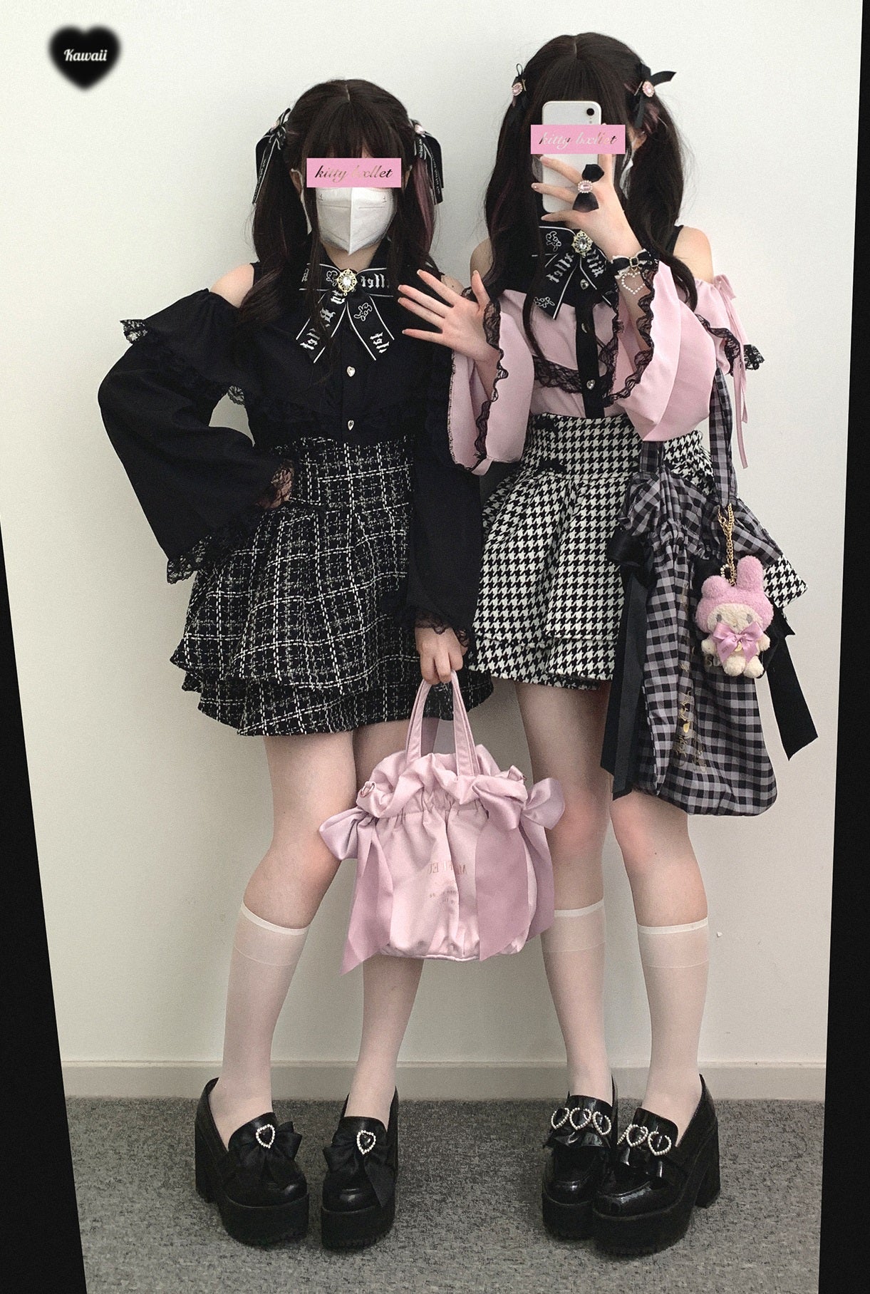 Kitten Bullet Heart Gem Off Shoulder Pink Blue Black White Blouse Top - Sugarplum Store