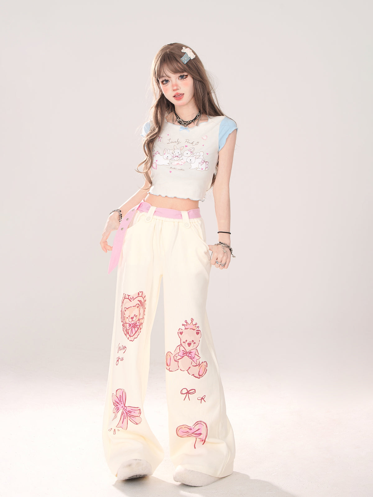 Young Eyes Y2K Cute Teddy Bear Print Cream & Pink Elastic Gathered Pants - Sugarplum Store