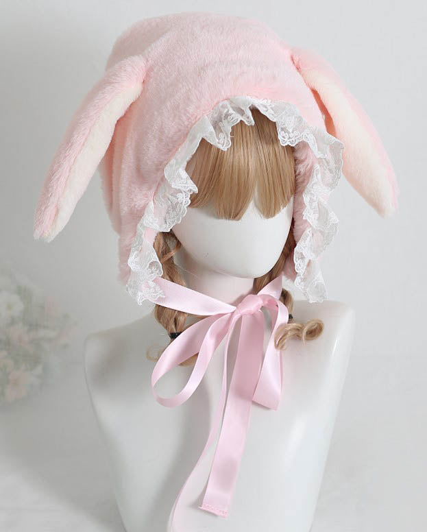Sweet Rabbit Ear Pink & White Lace Lolita Handmade Fur Hats - Sugarplum Store