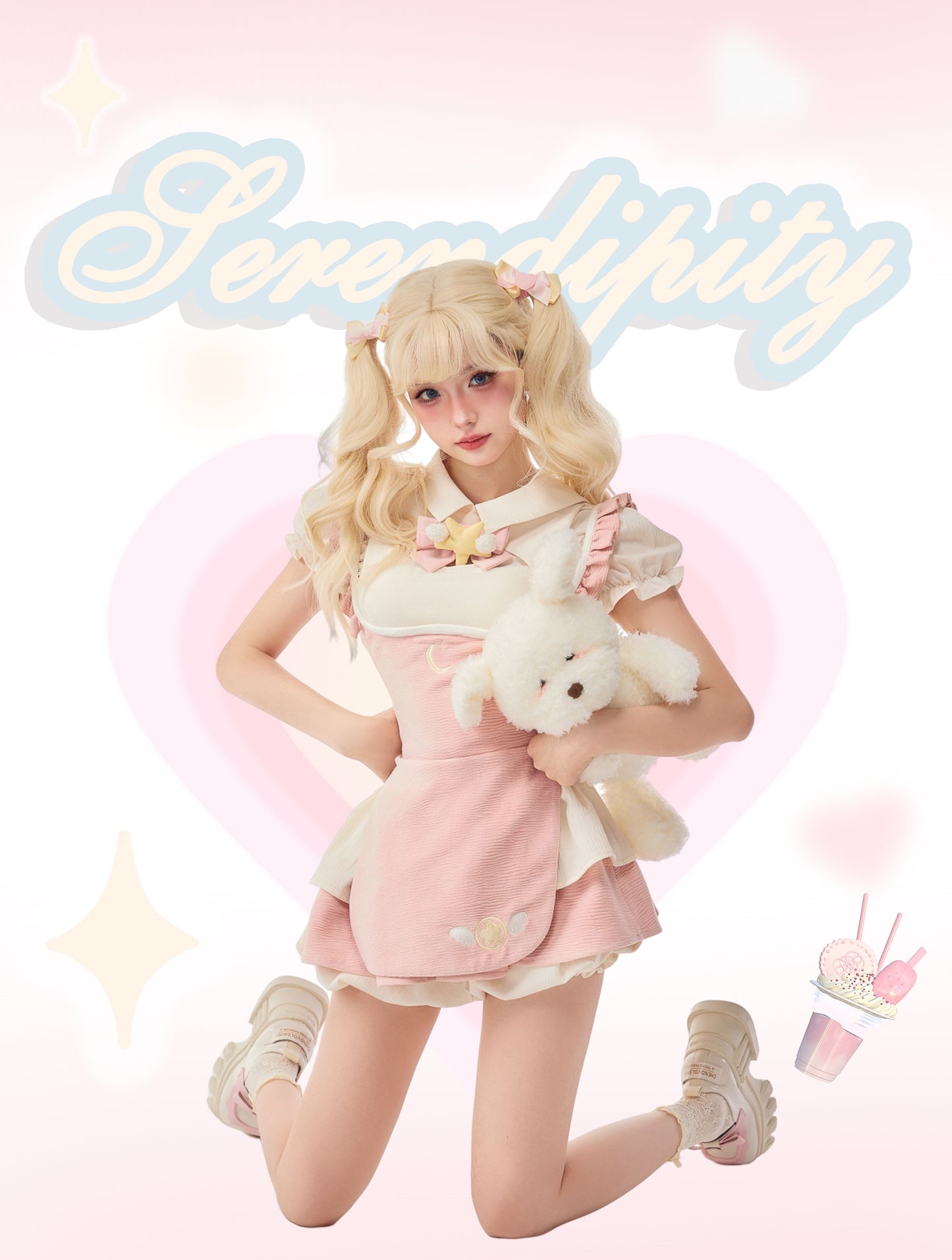 Serendipity Sweet Magical Girl Star Wings Beige Cream Shirt & Pink Apron & Ruffled Mini Skirt Three Piece Set - Sugarplum Store