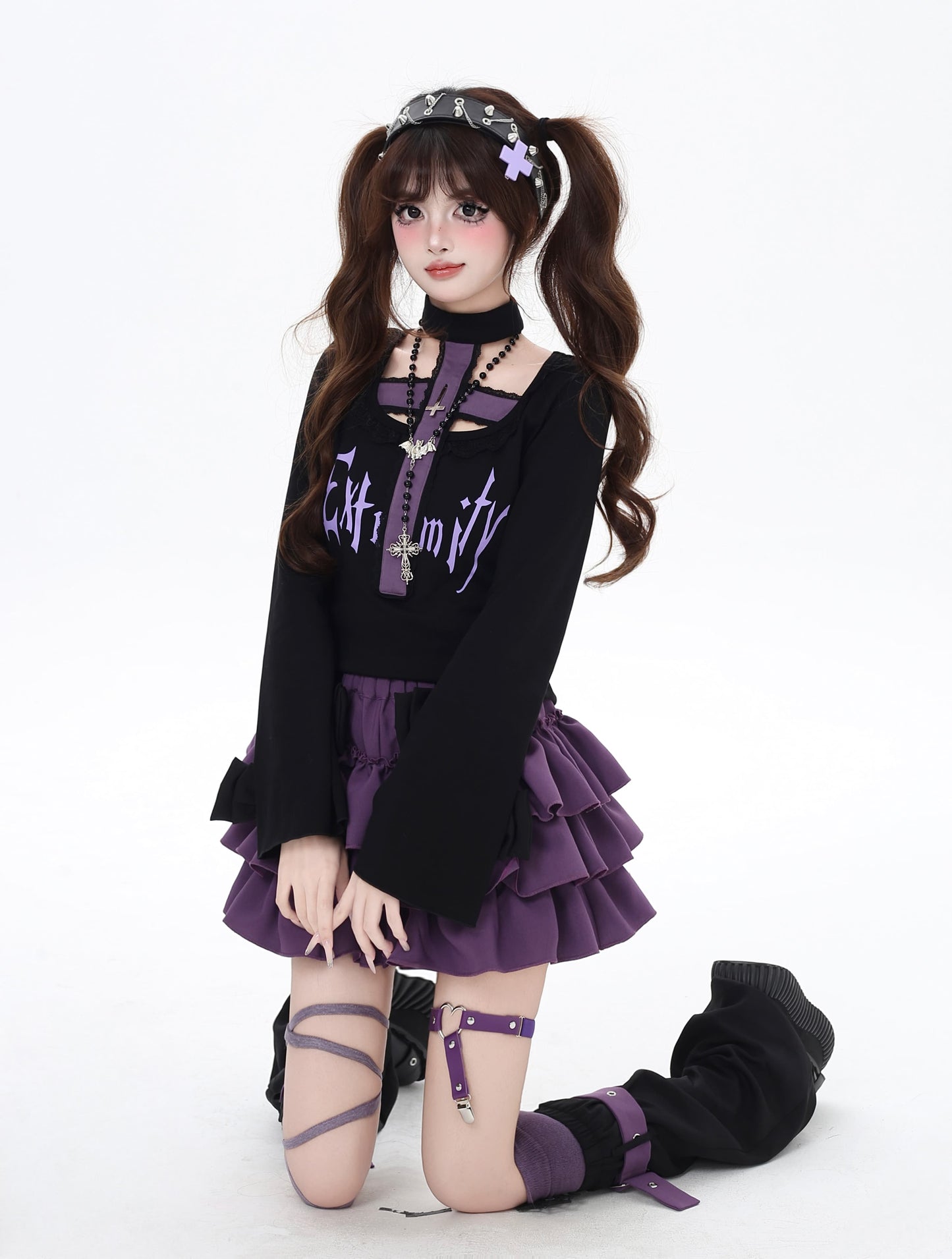 Crazy Girl Ancient Nana Bow Black Purple Skirt & Leg Warmers - Sugarplum Store