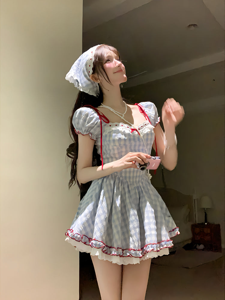 Creamy Cute Grimm's Fairy Tale Blue Plaid Puff Sleeve Dress - Sugarplum Store