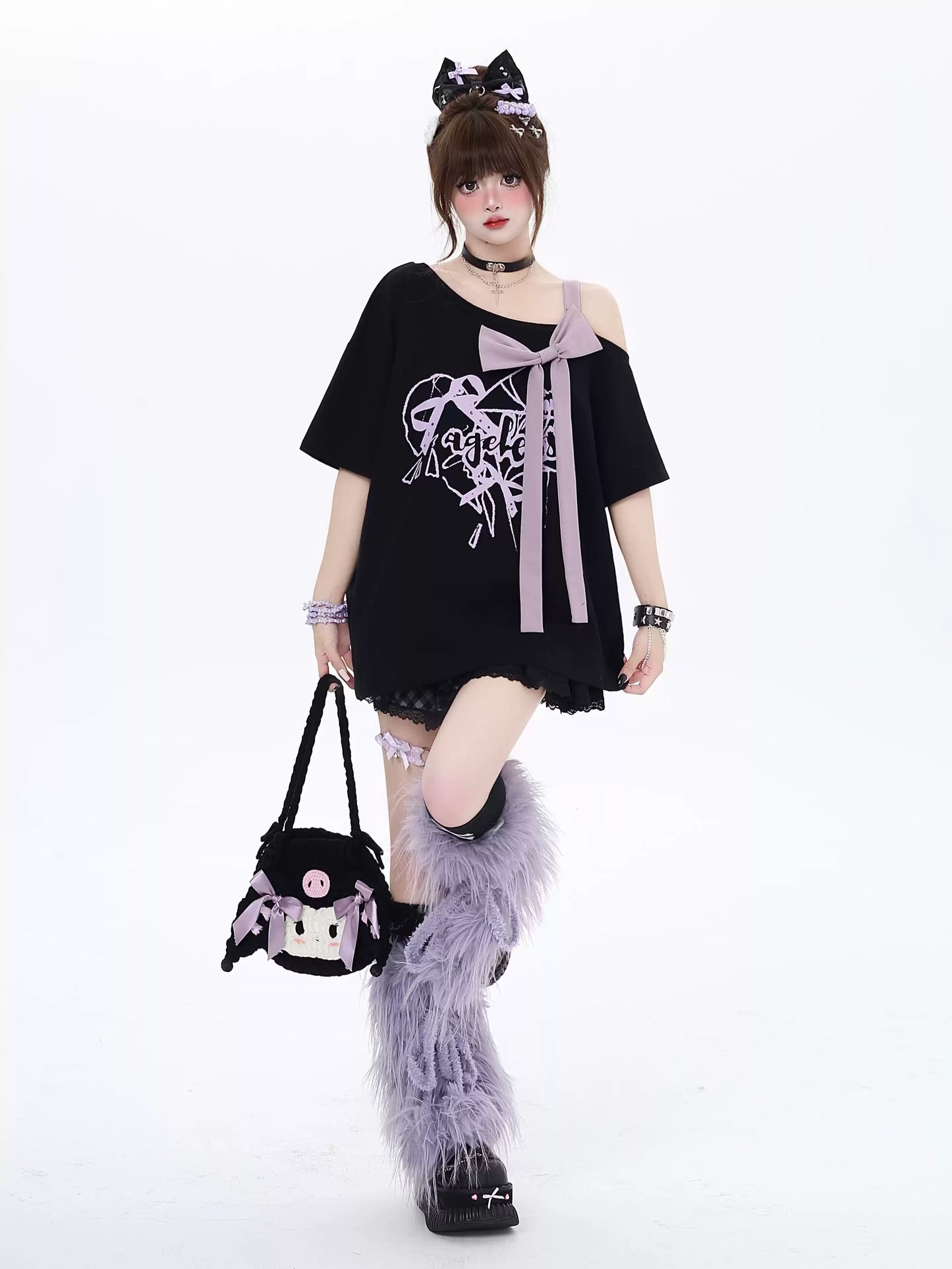 Crazy Girl Falling Rose Bow Purple Black Oversize T-Shirt - Sugarplum Store