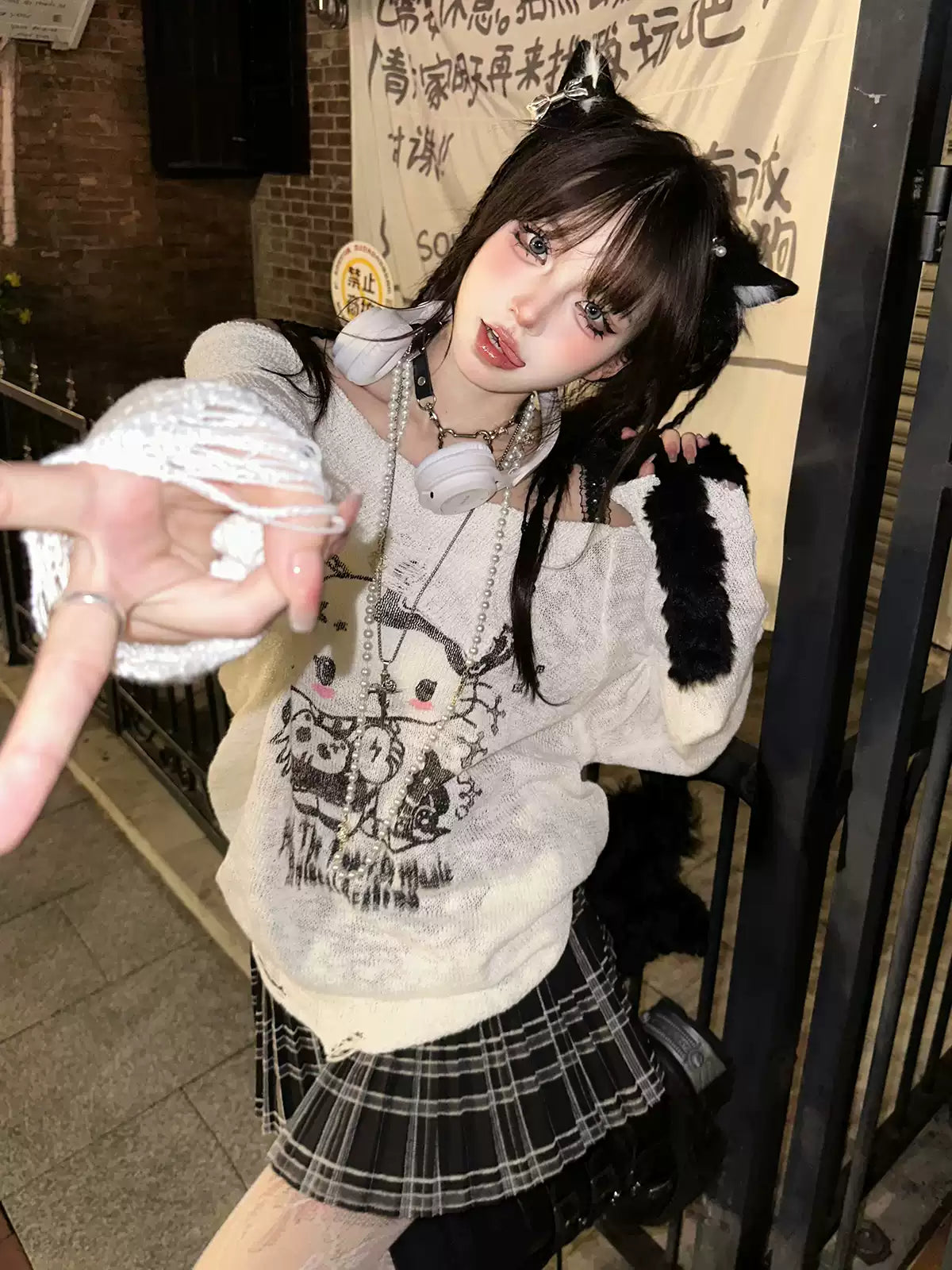 Young Eyes Dark Night Kitty Black White Sheer Top - Sugarplum Store