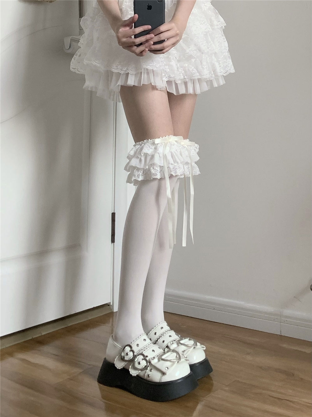 EGL Bow Lace Over Under The Knee Black White Cream Socks - Sugarplum Store