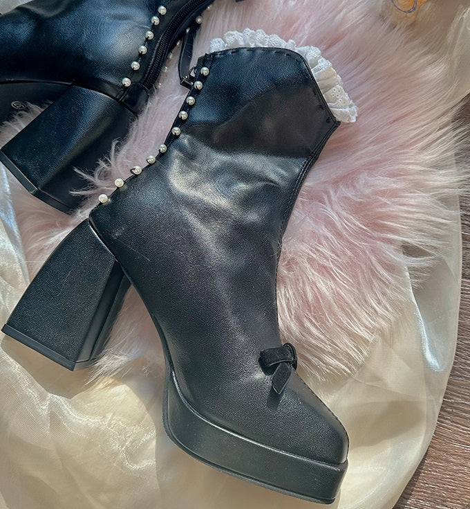 Pinky Victorian Style EGL Black White Bow Lace High Heels Boots Shoes - Sugarplum Store